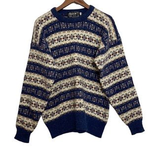 Shetland Wool Sweater Womens Medium Fair Isle Country Crew Neck Blue Cream Red